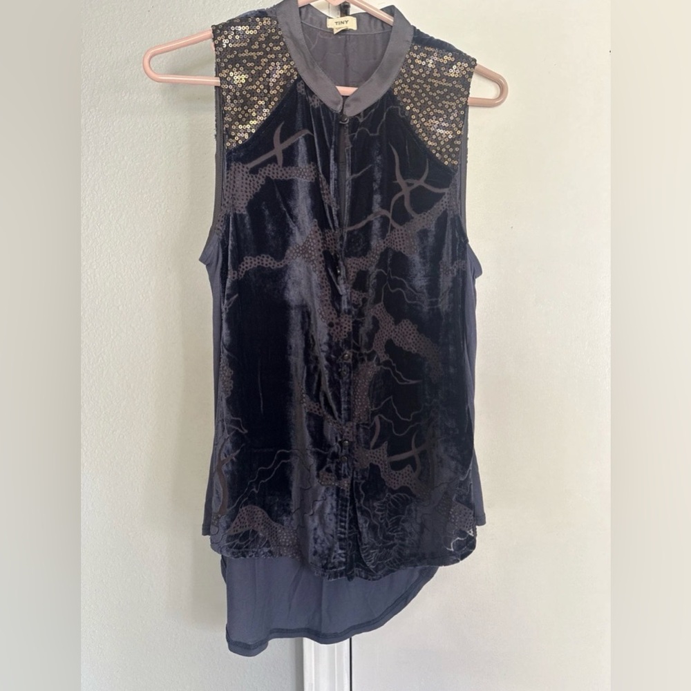 Anthropologie TINY Velvet Ileana Sequin Tank Womens Med Navy Blue Burnout Top - Picture 2 of 7